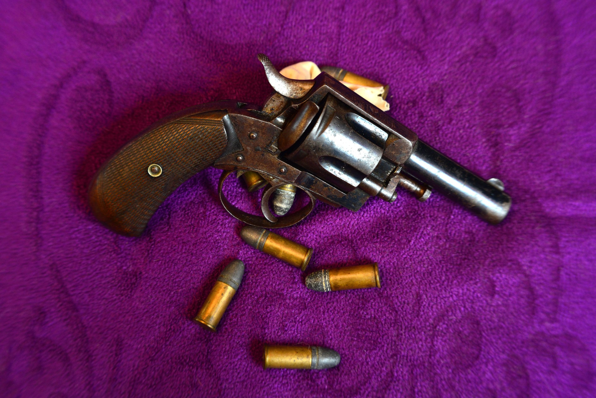 Old retro style revolver and ammunition; British Bulldog